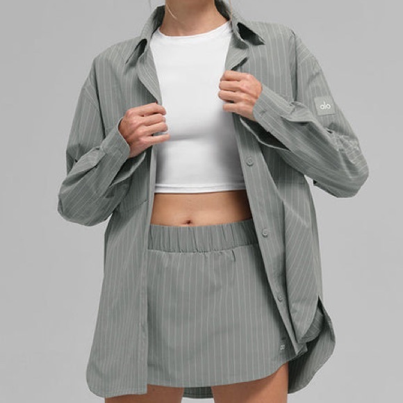 ALO Yoga Tops - Alo Yoga Pinstripe Daylight Button Down Long Sleeve Lunar Grey/White XS